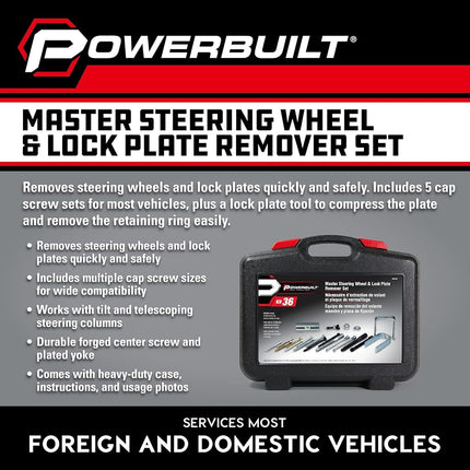 Powerbuilt Master Steering Wheel and Lock Plate Puller Kit, Foreign and Domestic Vehicles, 16 Piece Car Repair Tool Set - 648748