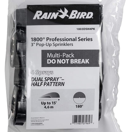 Rain Bird 1803DSH4PK Professional Dual Spray Pop-Up Sprinkler, 180° Half Circle Pattern, 8' - 15' Spray Distance, 3" Pop-up Height, 4-Pack