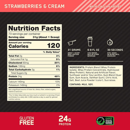 Optimum Nutrition Gold Standard 100% Whey Protein en Poudre, Fraise & Crème, 2,27 kg