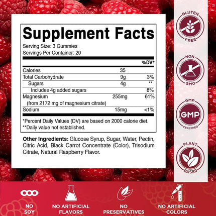 Vitamatic Extra Strength Magnesium Gummies 255 mg (Elemental Mg) per Serving - 60 Vegan Gummies - Promotes Healthy Relaxation, Muscle, Bone, & Energy Support