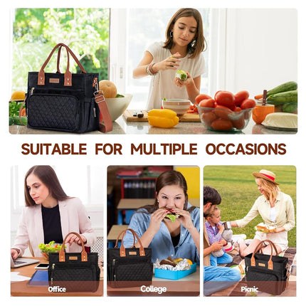 Large Women Lunch Bags for Work Insulated/Insulated Adult Lunch Box for Women/Durable Nylon Thermal Cooler Bag/Leakproof Cooler Tote Bag with Storage Pocket(Newly Upgraded Noir Black Brown Strap)