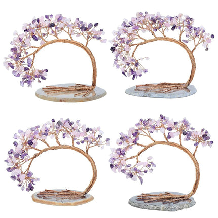 mookaitedecor Natural Amethyst & Rose Quartz Crystal Money Tree Agate Slice Base Feng Shui Bonsai Crystal Tree for Wealth Luck Desk Decor, 4.5-5.2 Inch High