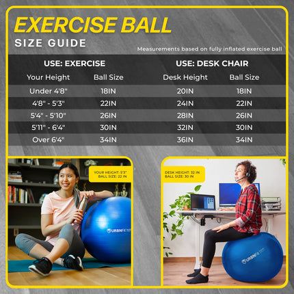 URBNFit Pelota de ejercicio (55 cm) para estabilidad y yoga - Guía de entrenamiento incluida (Negro)