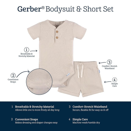 Gerber Unisex Baby Bodysuit and Shorts Set, Beige, 3-6 Months