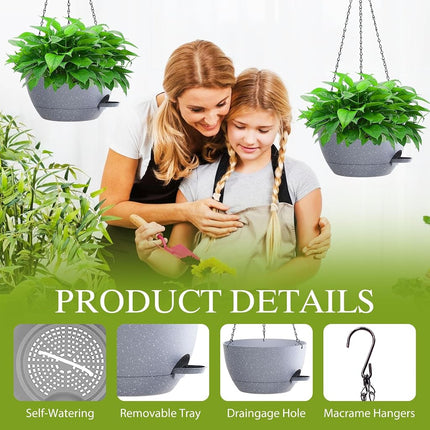 SQKH 12 Inch Hanging Baskets 2 PC with Chains, Self-Watering Hanging Planters for Indoor Outdoor Plants, Plastic Hanging Flower Pots,Speckled Grey