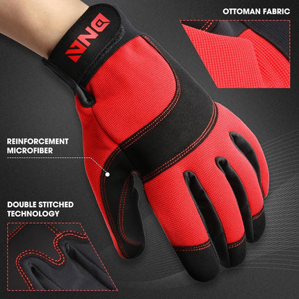 Guantes de mecánico utilitarios multipropósito de 2 pares DNA MOTORING, guantes de trabajo flexibles y transpirables de alto rendimiento con nudillos acolchados y palma, rojo/negro, TOOLS-00585