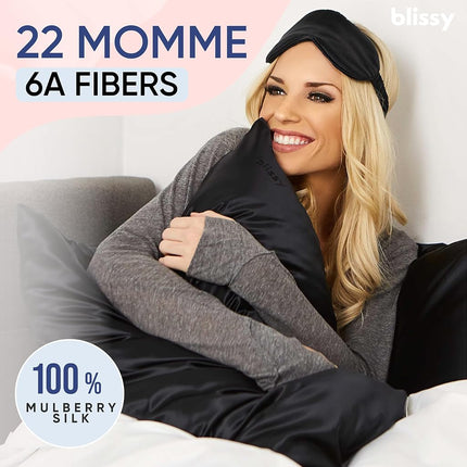 BLISSY Silk Pillowcase - 100 Percent Pure Mulberry Silk - 22 Momme 6A High-Grade Fibers - Satin Pillow Cover for Hair & Skin - Regular, Queen & King with Hidden Zipper, Black
