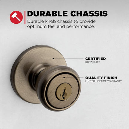 Kwikset Tylo Keyed Entry Door Knob with Microban Antimicrobial Protection Featuring SmartKey Security in Antique Brass (94002-854)
