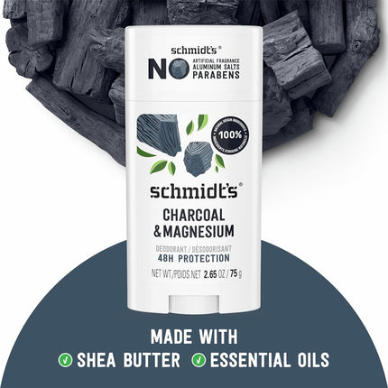 Schmidt's Aluminum Free Natural Deodorant for Women and Men, Charcoal & Magnesium with 24 Hour Odor Protection, Certified Natural, Vegan, Fresh, 2.65 Oz, Pack of 2