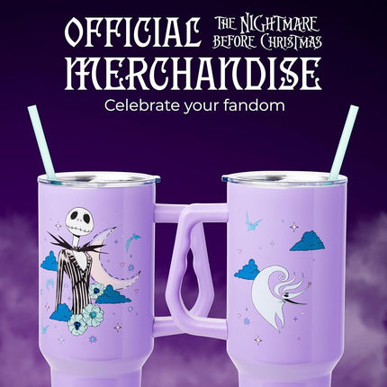 Silver Buffalo Disney Nightmare Before Christmas by Tim Burton Jack Skellington Stainless Steel Tumbler with Handle and Straw, Fits in Standard Cup Holder, 40 Ounces