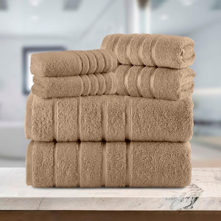 Elegant Comfort Juego de toallas de lujo de 6 piezas con rayas de viscosa de 4 líneas - 100% algodón turco, toallas de baño de lujo altamente absorbentes - Incluye 2 toallitas, 2 toallas de mano y 2 toallas de baño, color topo