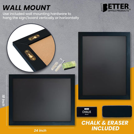 Magnetic Wall Chalkboard, Large Size 18" x 24", Rustic Wood Frame, Chalkboard Sign, Vertical or Horizontal Wall Mount, Includes Chalk and Eraser, by Better Office Products (Solid Black)