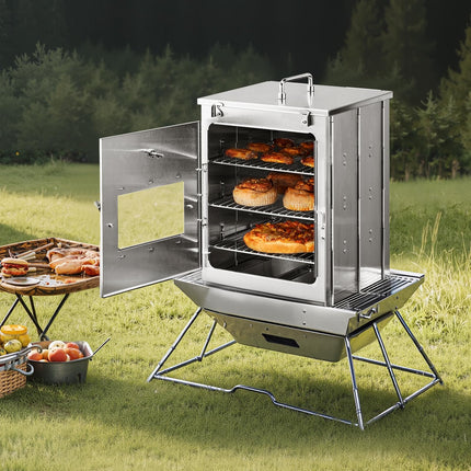 VEVOR Foldable Camping Oven, Stainless Steel Portable Camping Stove, with 3 Tier Grill, Handle and Thermometer, Use with Wood Burning Fire, Propane Stoves, for Baking Bread, Pizza, Outdoor Cooking
