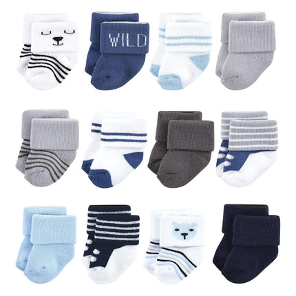 Hudson Baby Baby Girls' Cotton Rich Newborn and Terry Socks, Bear Boy 12-pack, 6-12 Months