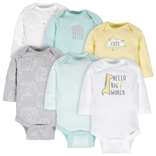 Gerber Unisex Baby 6 Pack Long-Sleeve Onesies Bodysuit, Animals Green, 12 Months
