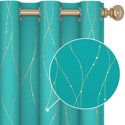 Deconovo Blackout Curtains Golden Wave Line with Dots Printed Grommet Window Curtains for Living Room 42 x 63 Inch Turquoise 2 Panels