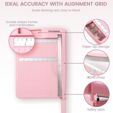 Paper Trimmer, 12" Cutting Length Heavy Duty Paper Cutter with Safety Protection and Blade Lock, Paper Cutter 12 Sheets, Cardstock/Laminate (Pink)