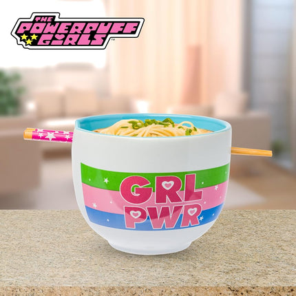 Silver Buffalo The Powerpuff Girls Girl Power Featuring Blossom, Bubbles, and Buttercup Ceramic Ramen Noodle Rice Bowl with Chopsticks, Microwave Safe, 20 Ounces