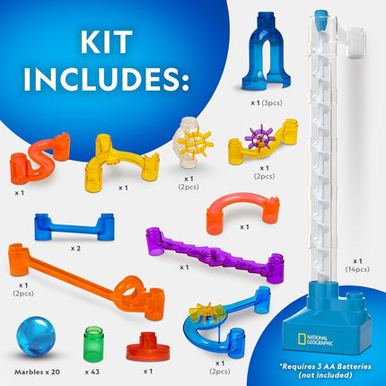 NATIONAL GEOGRAPHIC Marble Run with Motorized Elevator - 95-Piece Marble Maze Kit with Motorized Spiral Lift, 20 Marbles, Storage Bag & More, Perpetual Motion Machine, Marble Game