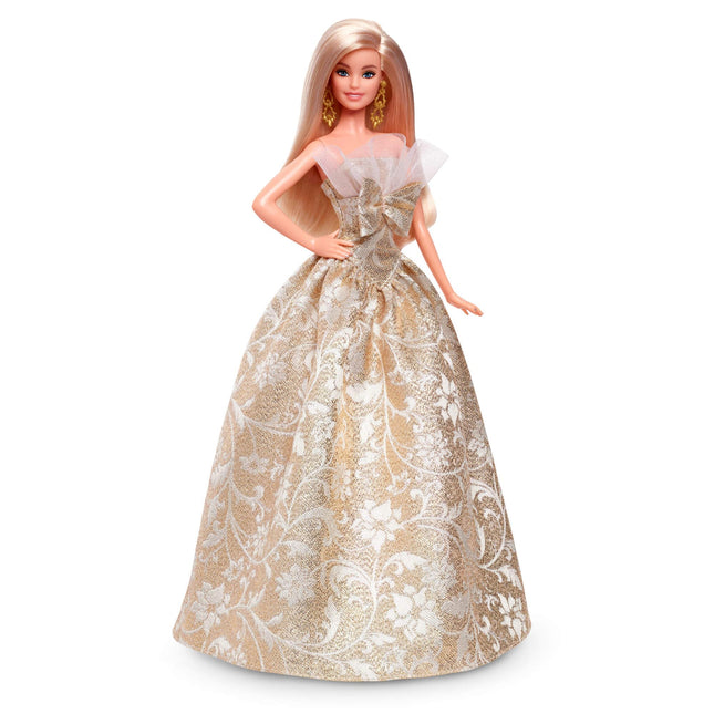Barbie Signature Doll, 2025 Holiday Barbie Blonde Fashion, Wearing Silver & Gold Gown, Seasonal Collector in Displayable Packaging & Stand, JBJ00