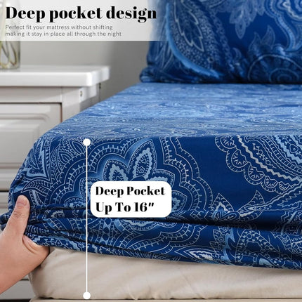 Bedlifes Full Size Sheets Paisley Sheets Ultra Soft Patterned Printed Sheet Set Deep Pocket Flat Sheet& Fitted Sheet& Pillowcases 100% Microfiber 4 Piece Full Size Paisley Dark Navy Blue