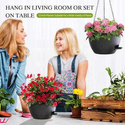 SQKH 10 Inch Hanging Baskets 2 PC with Chains, Self-Watering Hanging Planters for Indoor Outdoor Plants, Plastic Hanging Flower Pots,Black