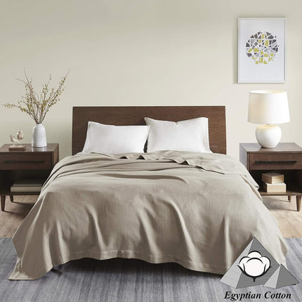 Madison Park Soft Certified 100% Egyptian Cotton Breathable Cozy Blanket, Premium Waffle Knit Classic Design, Luxury All Season Lightweight Cover for Bed, Couch and Sofa, Khaki King(108"x90")