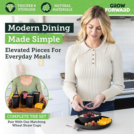 Grow Forward Premium Wheat Straw Plates and Bowls Sets - 8 Unbreakable Microwave Safe Dishes - Reusable Wheat Straw Dinnerware Sets - Plastic Plates and Bowls Alternative for Camping, RV - Midnight