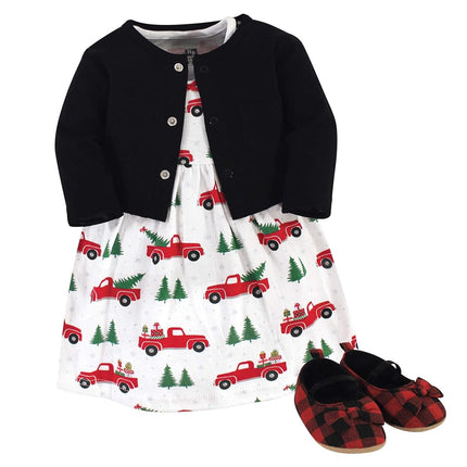 Hudson Baby Baby Girls' Cotton Dress, Cardigan and Shoe Set, Christmas Tree, 0-3 Months