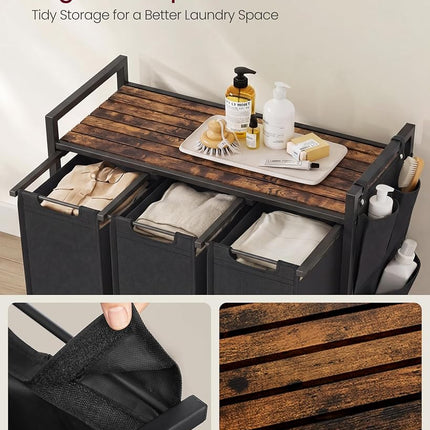 VASAGLE Laundry Hamper, Laundry Basket, Laundry Sorter with 3 Pull-Out and Removable Bags, Shelf, Metal Frame, 3 x 10 Gallons (38L), 36.4 x 13 x 28.4 Inches, Rustic Brown and Black UBLH301B01