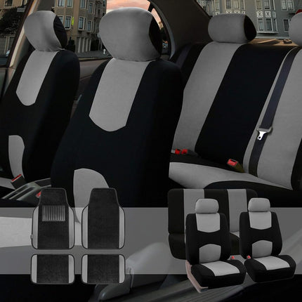 FH GROUP FH-FB050115 + F14407 Juego completo de fundas de asiento de coche de tela plana con alfombrillas de moqueta premium gris/negro - Se adapta a la mayoría de coches, camiones, SUV o furgonetas.