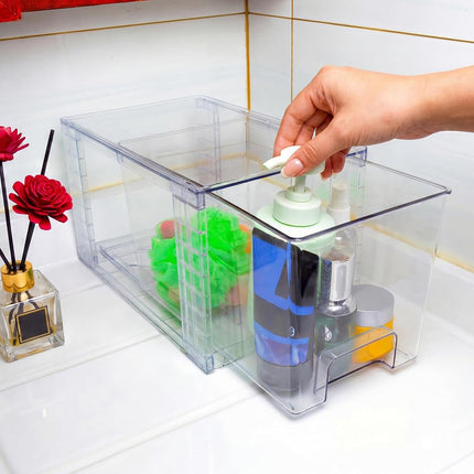 XWYWX Medium Clear Stackable Storage Drawers (4 Pack), High-strength Acrylic Organizer Bins with Handles, Plastic Drawers for Fridge Bathroom Cabinet Closet Undersink Pantry Kitchen Makeup Storage