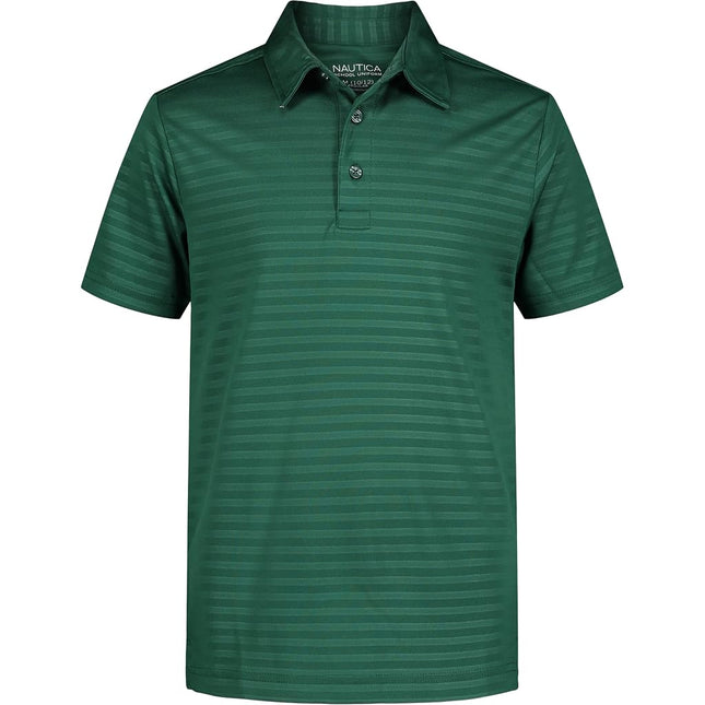 Nautica Boys' Active Short Sleeve Polo Shirt, Button Closure & Embossed Stripes, Breathable Performance Fabric, Hunter, 10-12 Husky