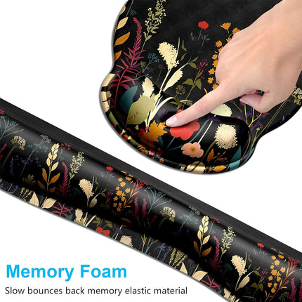Dapesuom Keyboard Wrist Rest and Mouse Pad with Wrist Support, Cute Memory Foam Cushion for Keyboard and Mouse Set, Desktop Pad Rests with Non Slip Base for Easy Typing & Pain Relief, Floral Cartoon