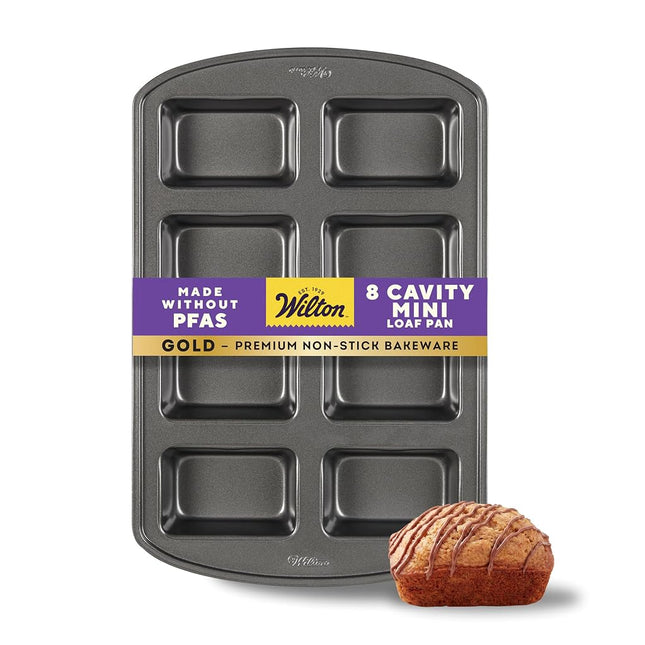 Wilton Gold Premium Non-Stick Warp-Resistant Bakeware, Made Without PFAs, Mini Loaf Pan, 8-Cavity, 15 x 10 x 1.5 in, Packaging May Vary