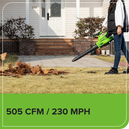 Soplador/Aspirador de Hojas Inalámbrico sin Escobillas Greenworks 40V (370.1 km/h / 14.3 m³/min) con Bolsa, Alta Potencia, Ligero y Silencioso para Limpieza de Residuos de Jardín, Incluye Batería de 5.0Ah y Cargador