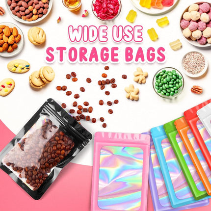 Funfery 100 Pack Resealable Bags Clear Holographic Bags,Smell Proof Packaging Baggies,Mylar Food Storage Bag,Zipper Sealing Pouch for Coffee Beans,Cookies,Jewelry Sample Small Business(Green,7x10in)