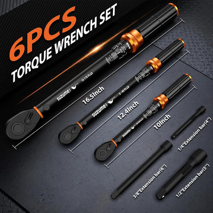 SUZUME 3PCS Torque Wrench Set 72 Teeth Dual-Direction Adjustable Torque Wrench Dual-Scales 1/4 & 3/8 & 1/2-Inch ±3% Accuracy Click Torque Wrenches for Bicycle, Motorcycle, Car,Maintenance