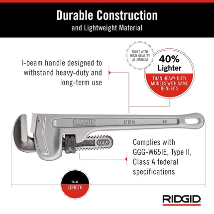 RIDGID 31095 Model 814 Aluminum Straight Pipe Wrench, 14-inch Plumbing Wrench