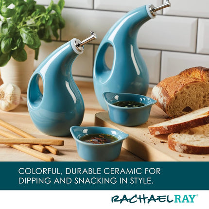 Rachael Ray Serveware Ceramics EVOO and Ramekin Dipper Set, 4 Piece, Agave Blue