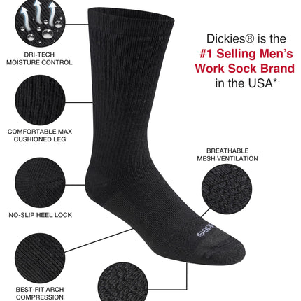 Dickies Men's Dri-Tech Moisture Control Max Full Cushion Crew Socks, Available in M-XL (6, 12 Pairs), Solid Black (12 Pairs), Large