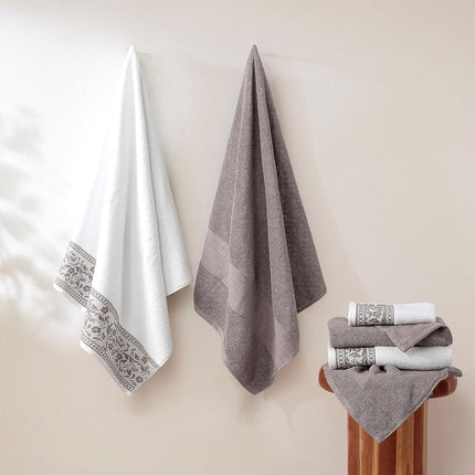Modern Threads Allie 6-Piece 100% Cotton Towel Set – Jacquard Floral Border – Includes 2 Bath Towels, 2 Hand Towels, 2 Washcloths – Absorbent, Quick Dry, Soft & Durable – Taupe