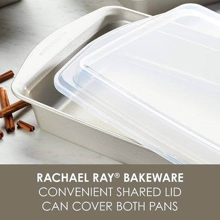Rachael Ray 3 Piece Nonstick Bakeware Set - Silver, Rectangular Cake Pan, Muffin Pan, Plastic Lid