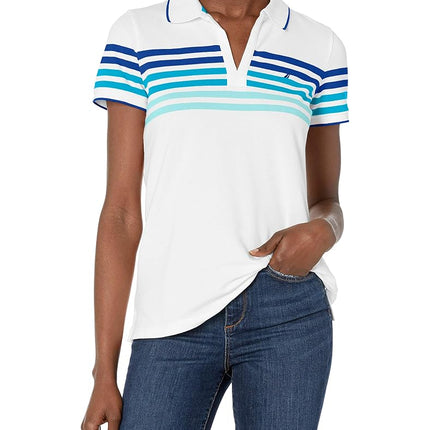 Nautica Women's Classic Fit Striped V-Neck Collar Stretch Cotton Polo Shirt, Bright Cobalt, Large