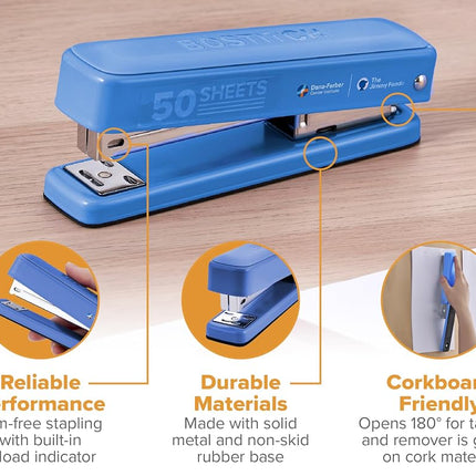 Bostitch Titan Heavy Duty Metal Stapler, 50 Sheet Capacity with 1250 Standard Staples and 500 Extended Staples, Ergonomic Staple Remover, Jam Free Stapling, Full Strip Stapler, Blue