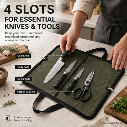 Pro Chef's Knife Roll(4 Slots), Heavy Duty Waxed Canvas Knife Bag Holds 4 Knives with Durable Handles, Portable Knife Carrier Case for Men & Women, Perfect for Travelling, Working, Barbequing, Campin