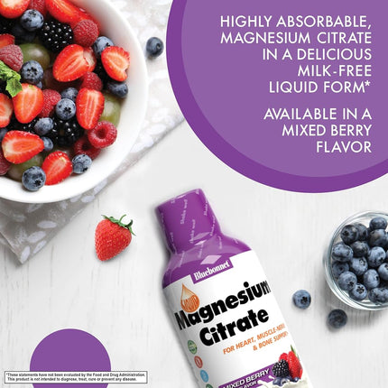 Bluebonnet Nutrition Liquid Magnesium Citrate, For Calm, Muscle Cramps, Stress Relief, Vegan, Vegetarian, Non GMO, Gluten Free, Soy Free, Milk Free, Kosher, 16 fl oz 32 Servings, Mixed Berry Flavor