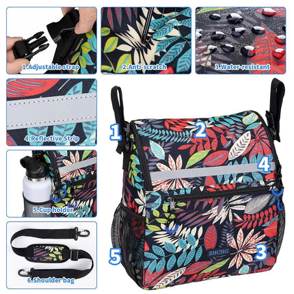 ZHCHG Wheelchair Bags, Wheelchair Backpack with Cup Holder, Wheelchair Bags to Hang on Back, Electric Wheel Chair Accessories, Large Storage Bag for Walker Rollator, Blue Red-leaves, Large, Tie-dyeing