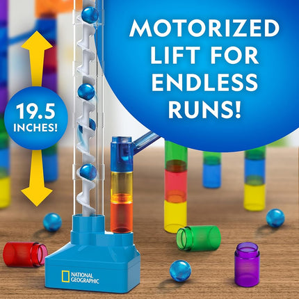 NATIONAL GEOGRAPHIC Marble Run with Motorized Elevator - 95-Piece Marble Maze Kit with Motorized Spiral Lift, 20 Marbles, Storage Bag & More, Perpetual Motion Machine, Marble Game