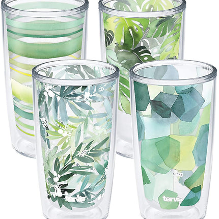Tervis Yao Cheng Cristal Vert Fabriqué aux États-Unis Gobelet Isotherme à Double Paroi pour Boissons Chaudes et Froides, 4x473ml, Collection Verte